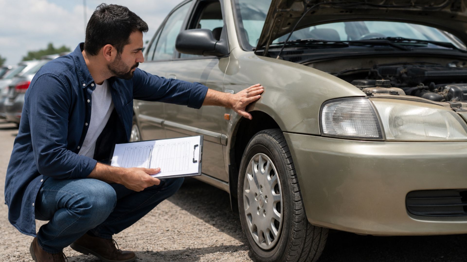 Persona revisando un auto antes de comprarlo